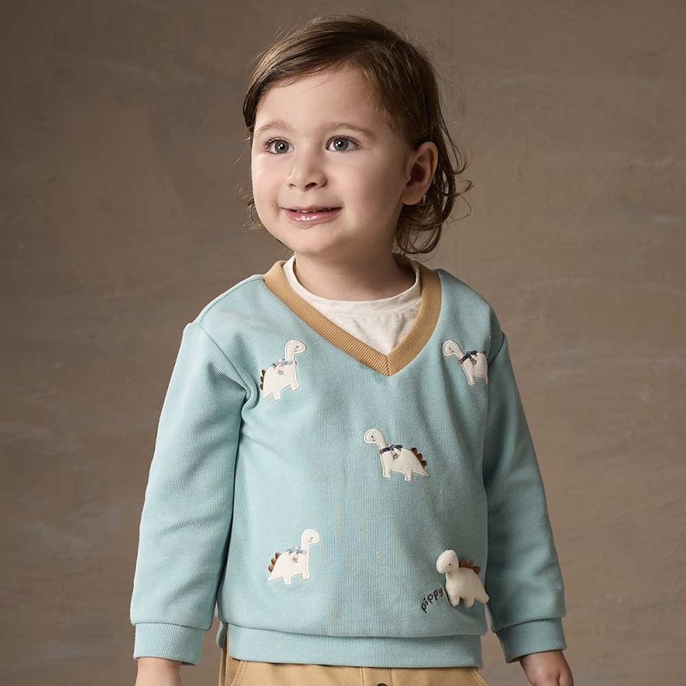 PIPPY 可愛小恐龍繡花假兩件長袖上衣 藍綠