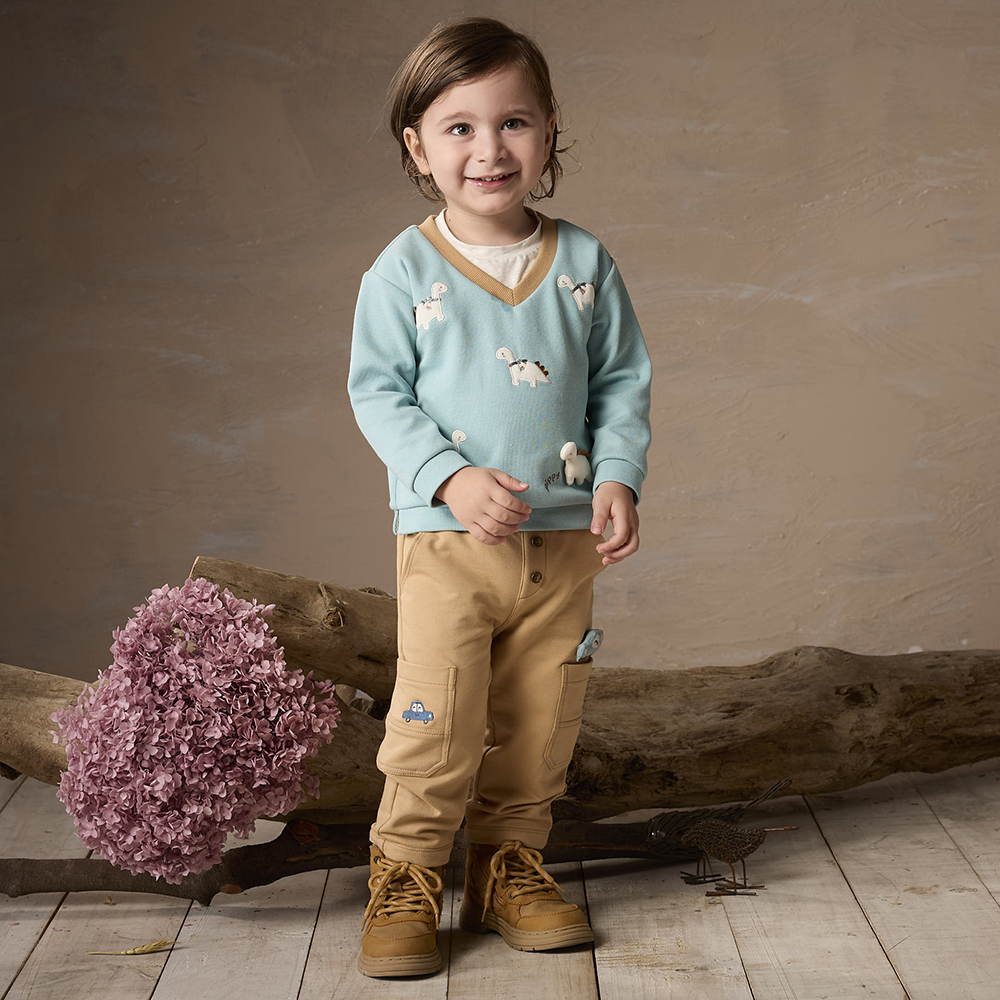 PIPPY 可愛小恐龍繡花假兩件長袖上衣 藍綠