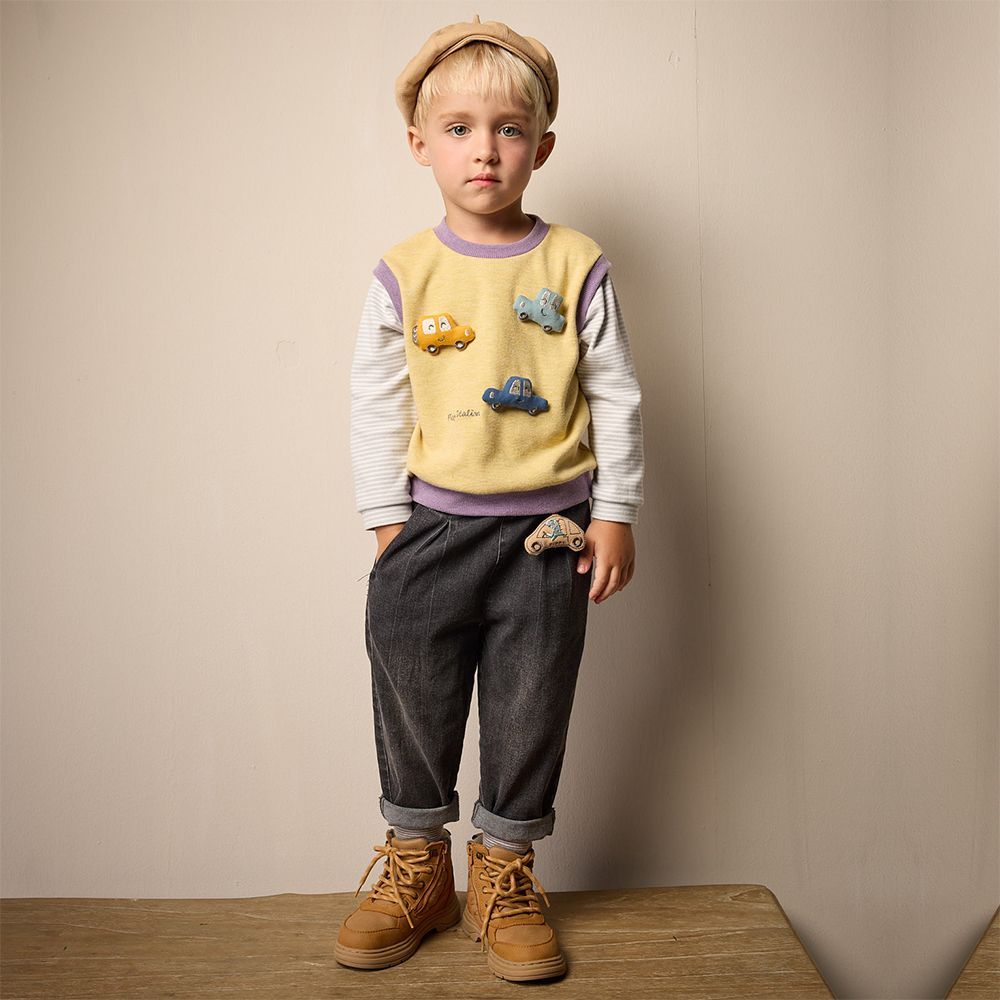 PIPPY 立體小汽車假兩件彈性棉圓領長袖上衣 黃