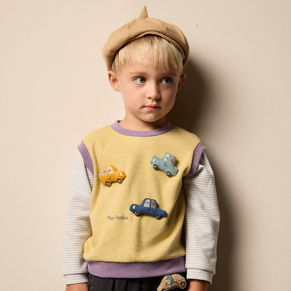 PIPPY 立體小汽車假兩件彈性棉圓領長袖上衣 黃