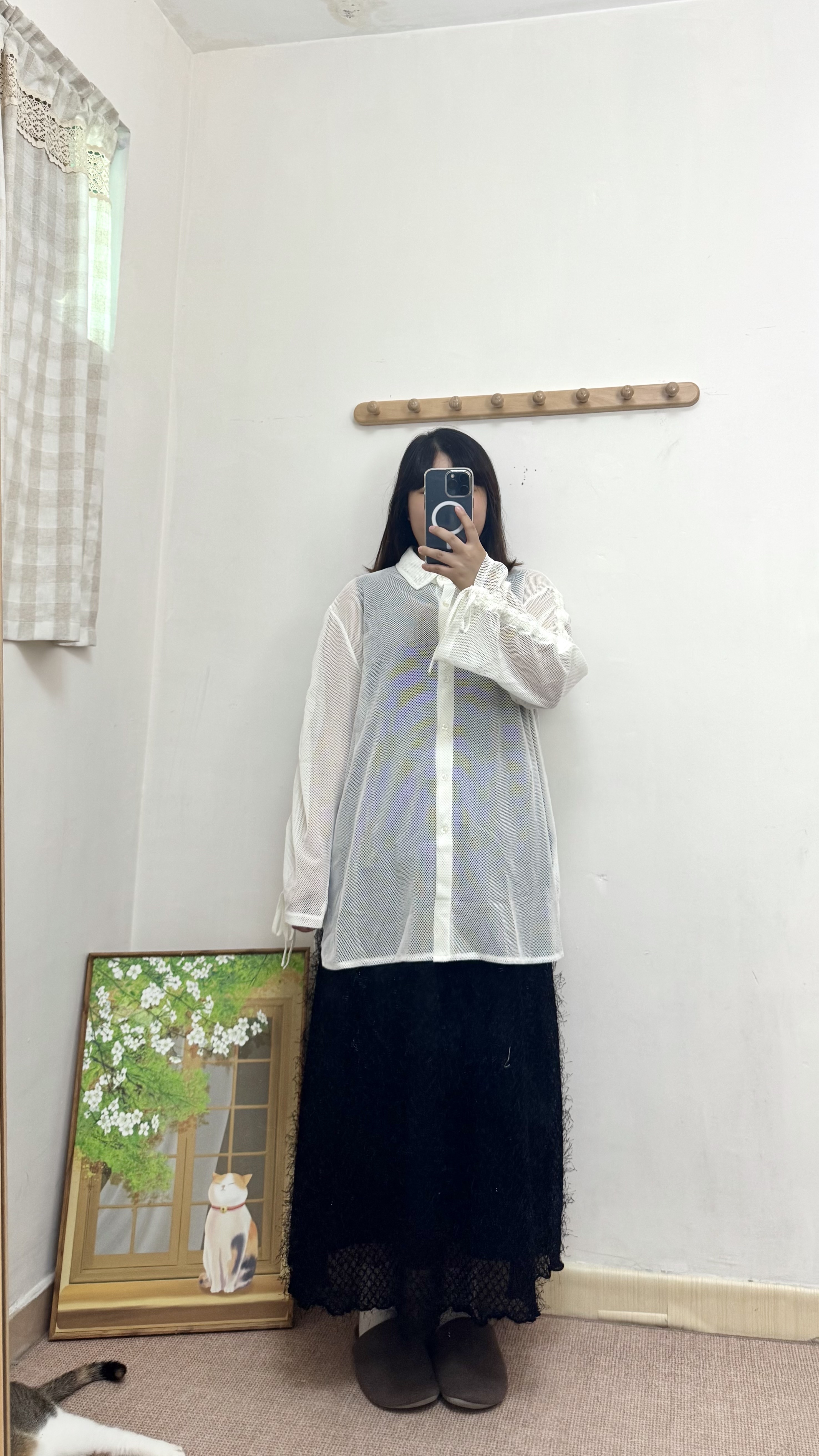 反領網紋綁帶袖外套