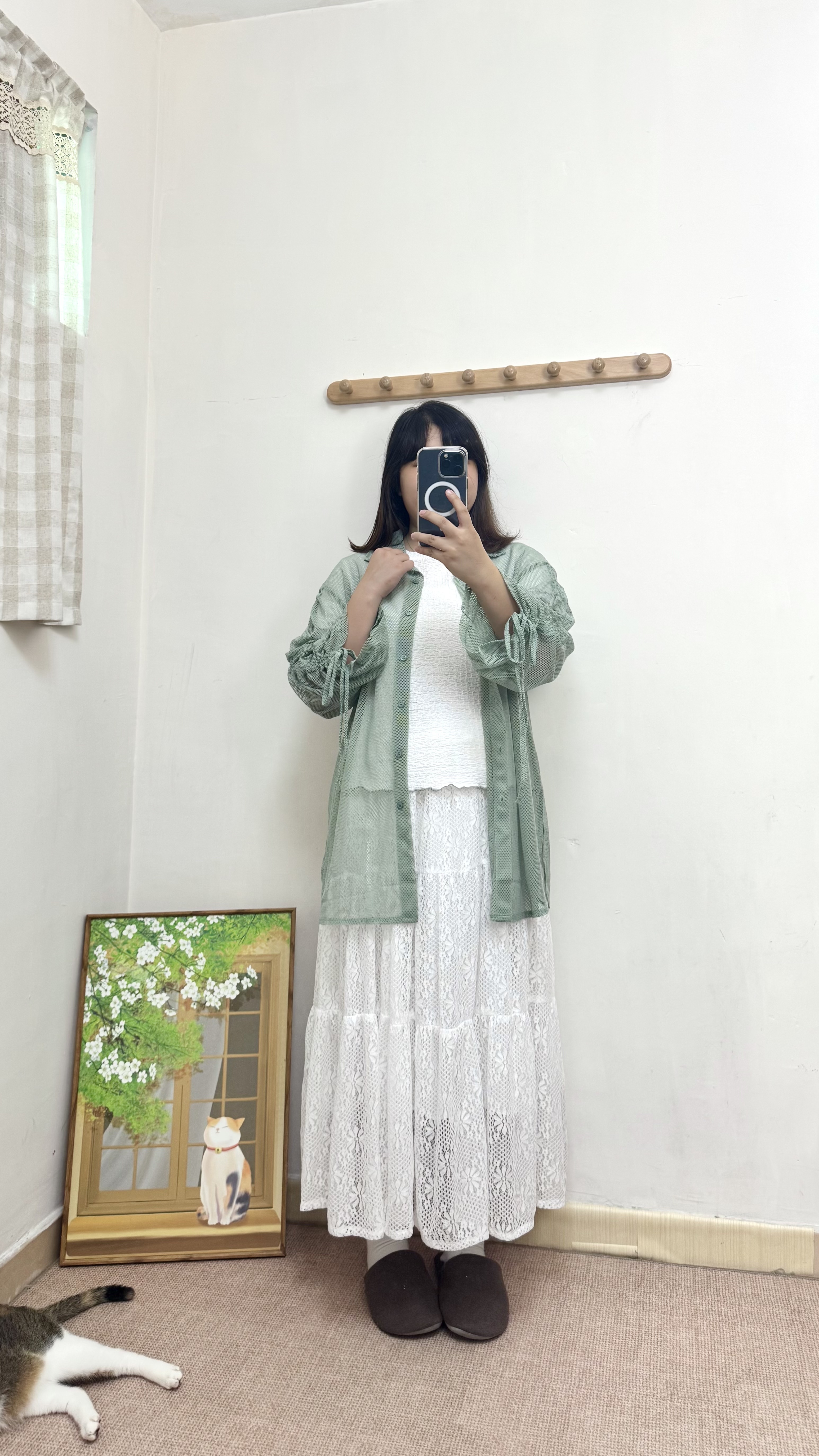 反領網紋綁帶袖外套