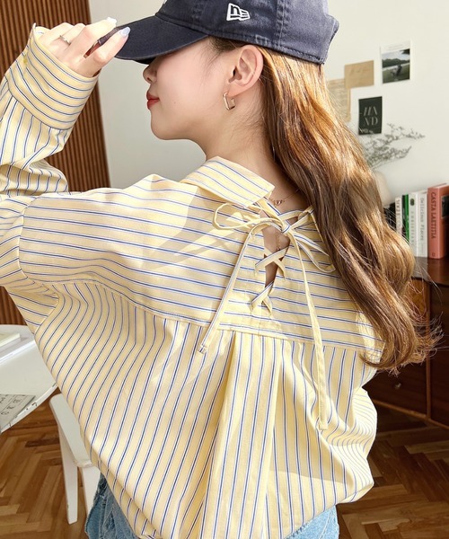 日本🇯🇵連線 Moment+ 韓系條紋後綁帶長袖襯衫 綁帶 蝴蝶結 條紋 落肩 寬鬆 襯衫 長袖 3色(任買兩件711免運)/預購