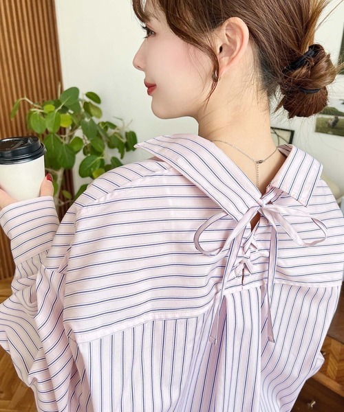 日本🇯🇵連線 Moment+ 韓系條紋後綁帶長袖襯衫 綁帶 蝴蝶結 條紋 落肩 寬鬆 襯衫 長袖 3色(任買兩件711免運)/預購