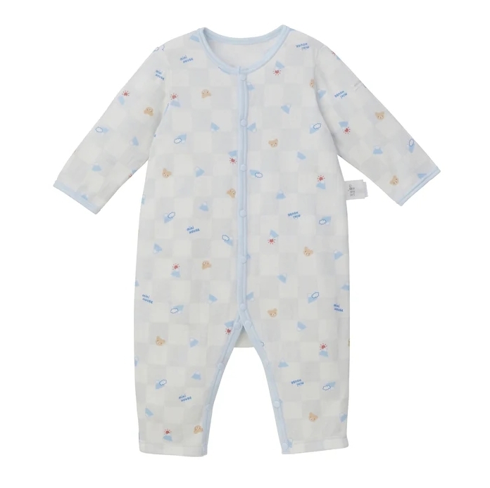 純紗針織紗布排釦長袖連身衣-藍色