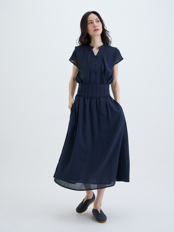 風島剪影高腰剪接裙-藏青