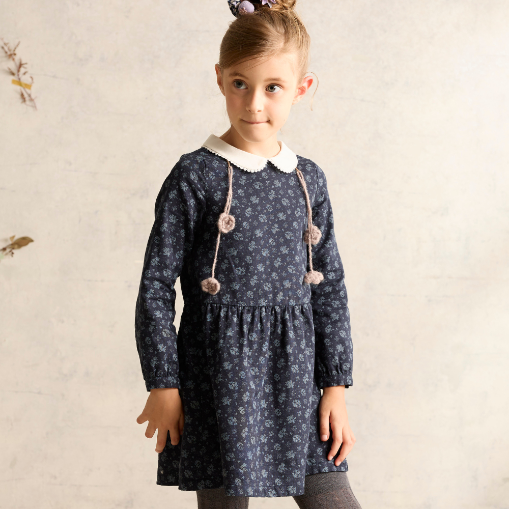 PIPPY 浪漫蕾絲小翻領印花純棉連身裙洋裝 丈青