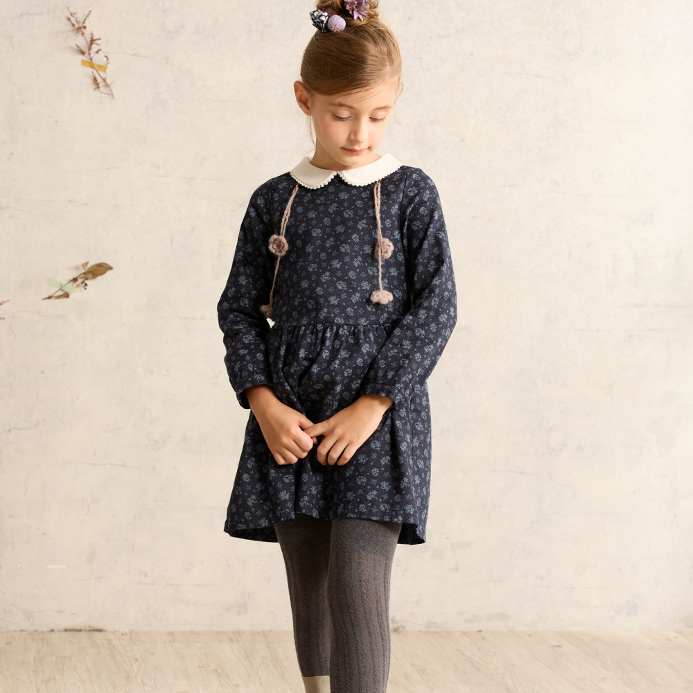 PIPPY 浪漫蕾絲小翻領印花純棉連身裙洋裝 丈青