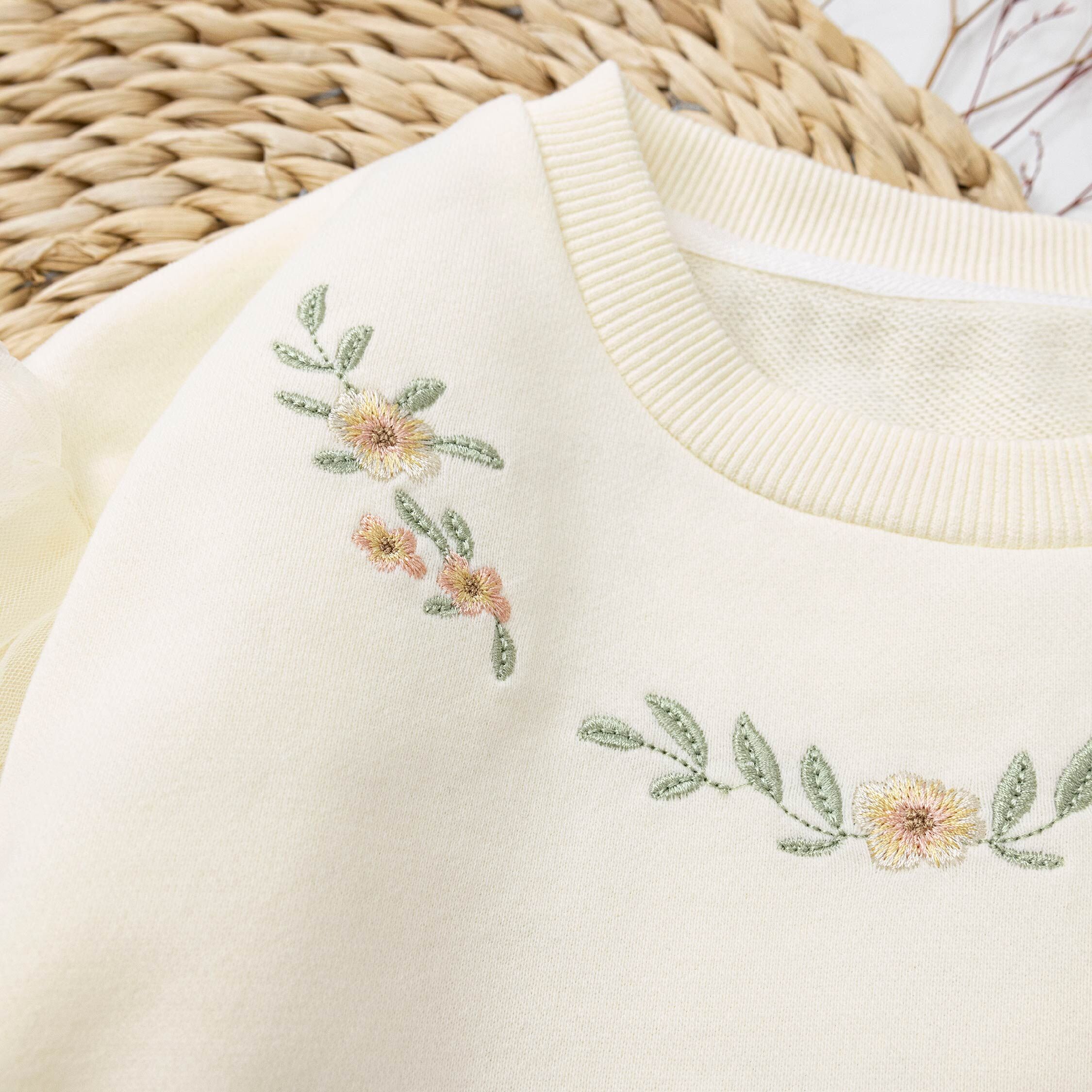 【H55325】漸層花朵刺繡薄紗拼接袖上衣＊二色