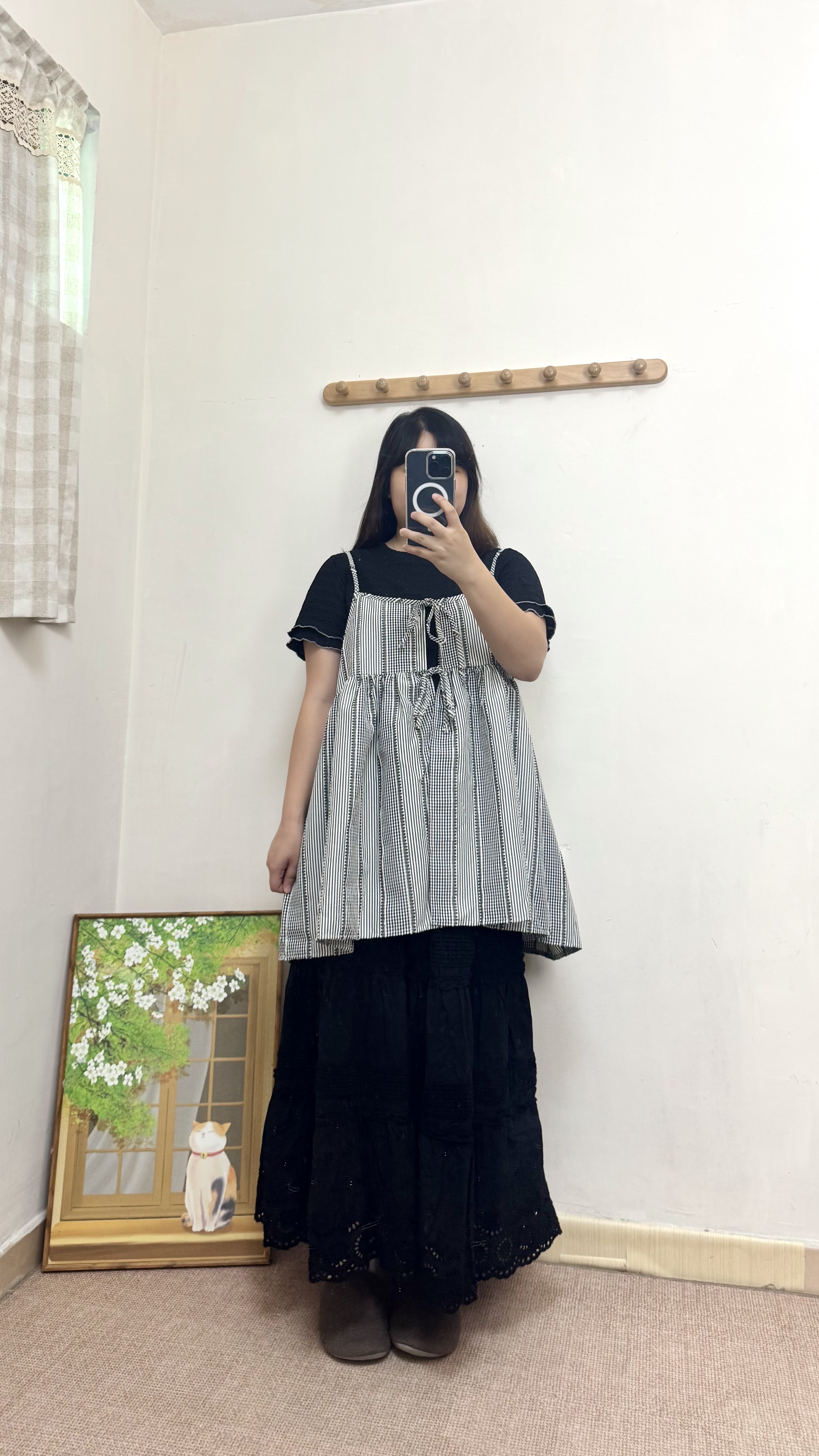 菱格紋拼通花下擺半身裙