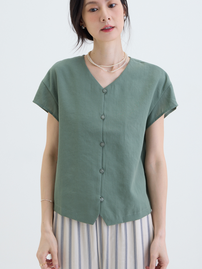 島影開襟拼接短袖上衣-暮綠