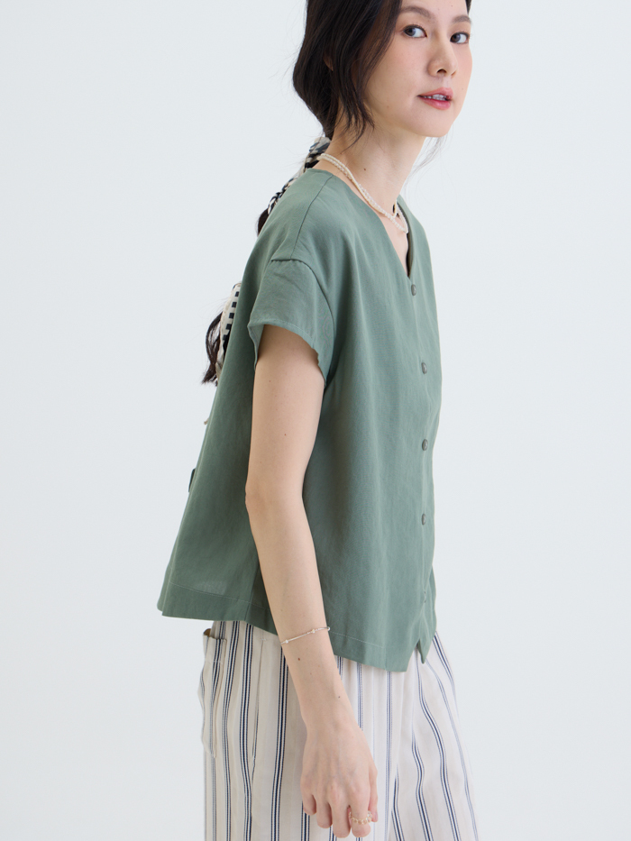 島影開襟拼接短袖上衣-暮綠