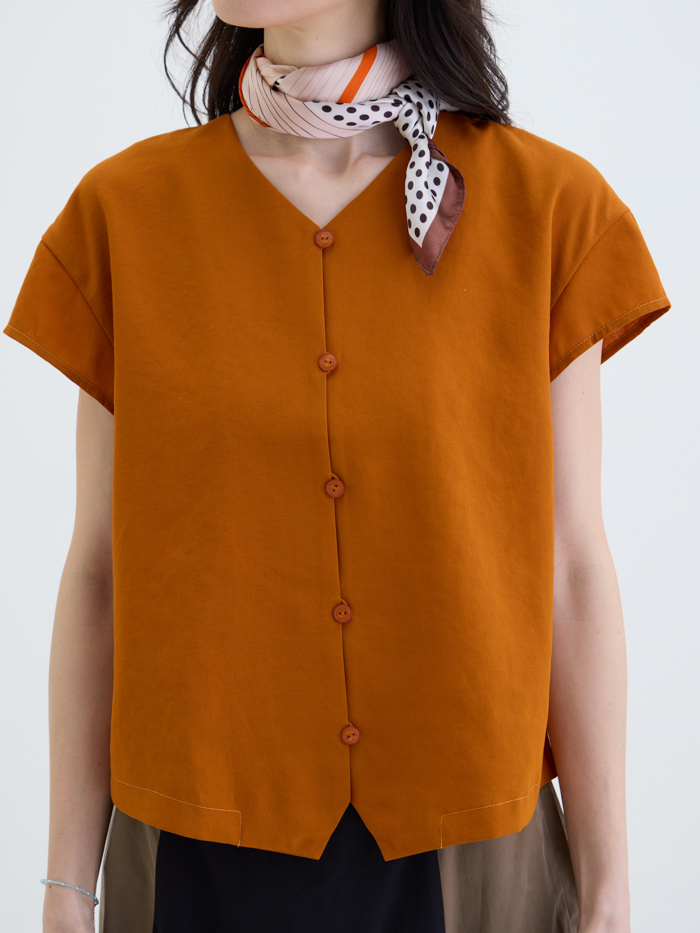 島影開襟拼接短袖上衣-日橙