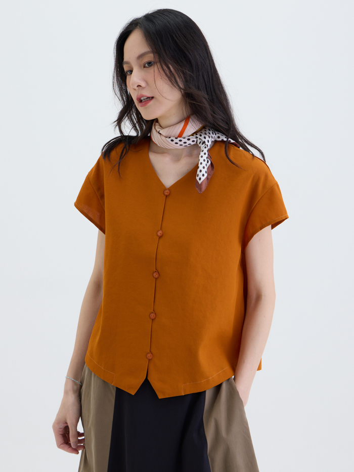 島影開襟拼接短袖上衣-日橙