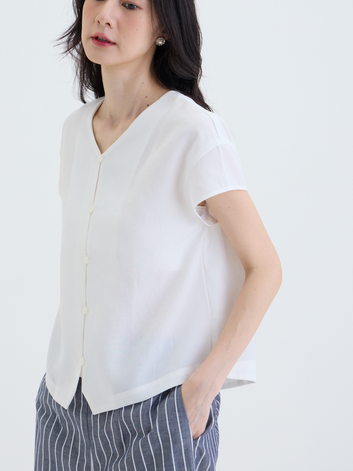 島影開襟拼接短袖上衣-日晨