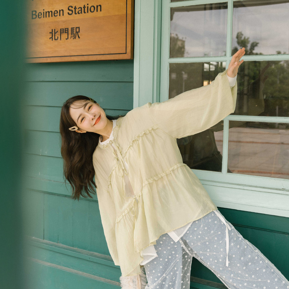 Lotus leaf collar puff sleeves tie sheer tulle blouse two colors for sale【01099111】in stock+pre-order