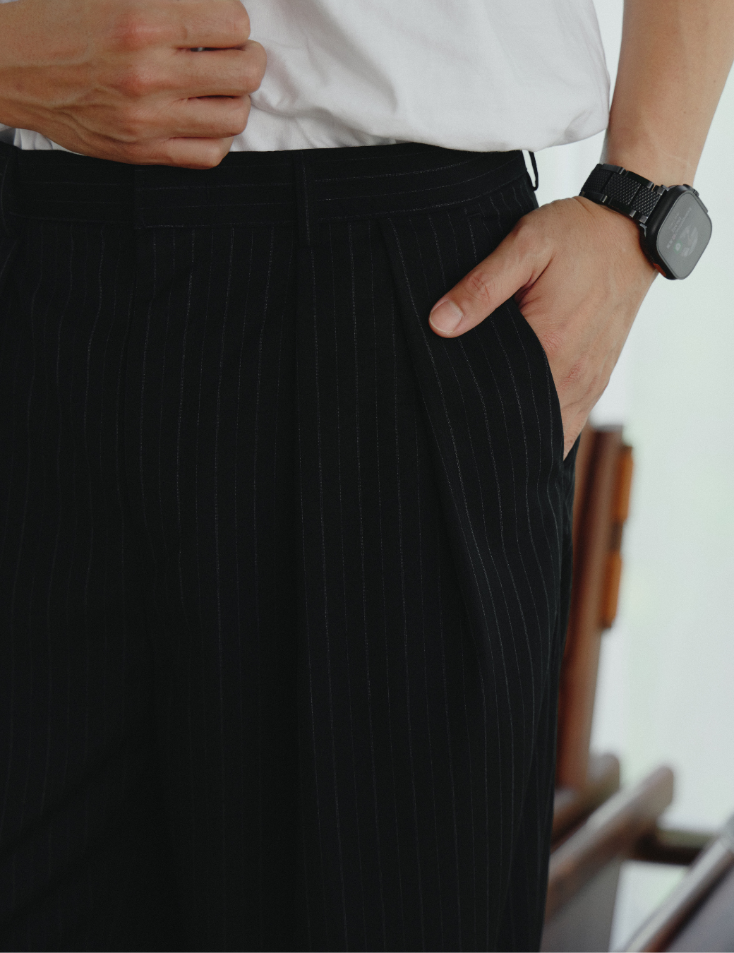 單扣條紋西裝長褲