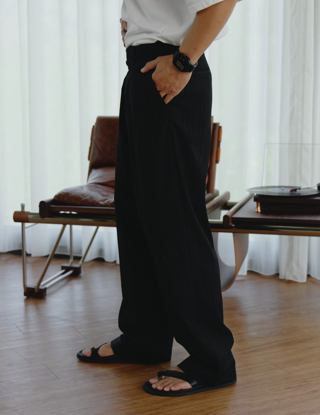 單扣條紋西裝長褲