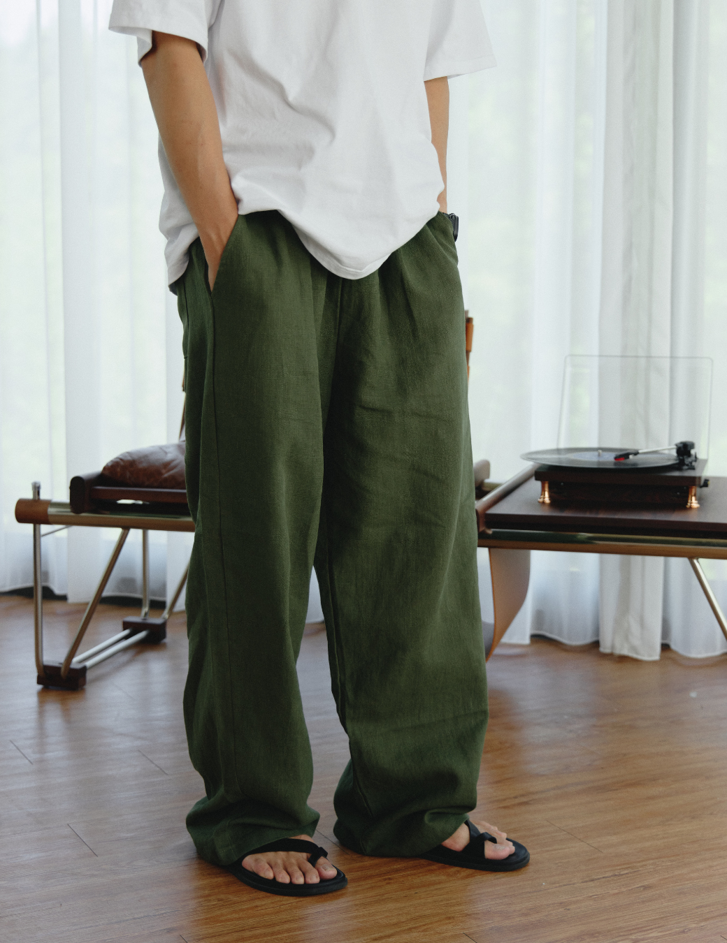 抽繩亞麻休閒長褲