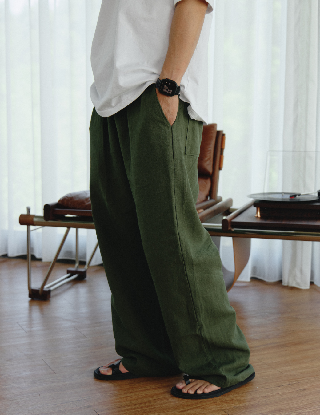 抽繩亞麻休閒長褲