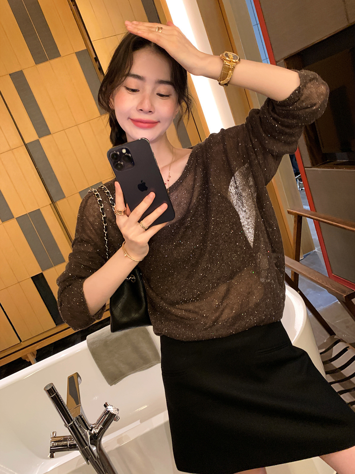 星光閃爍 寬鬆薄上衣(咖/金)