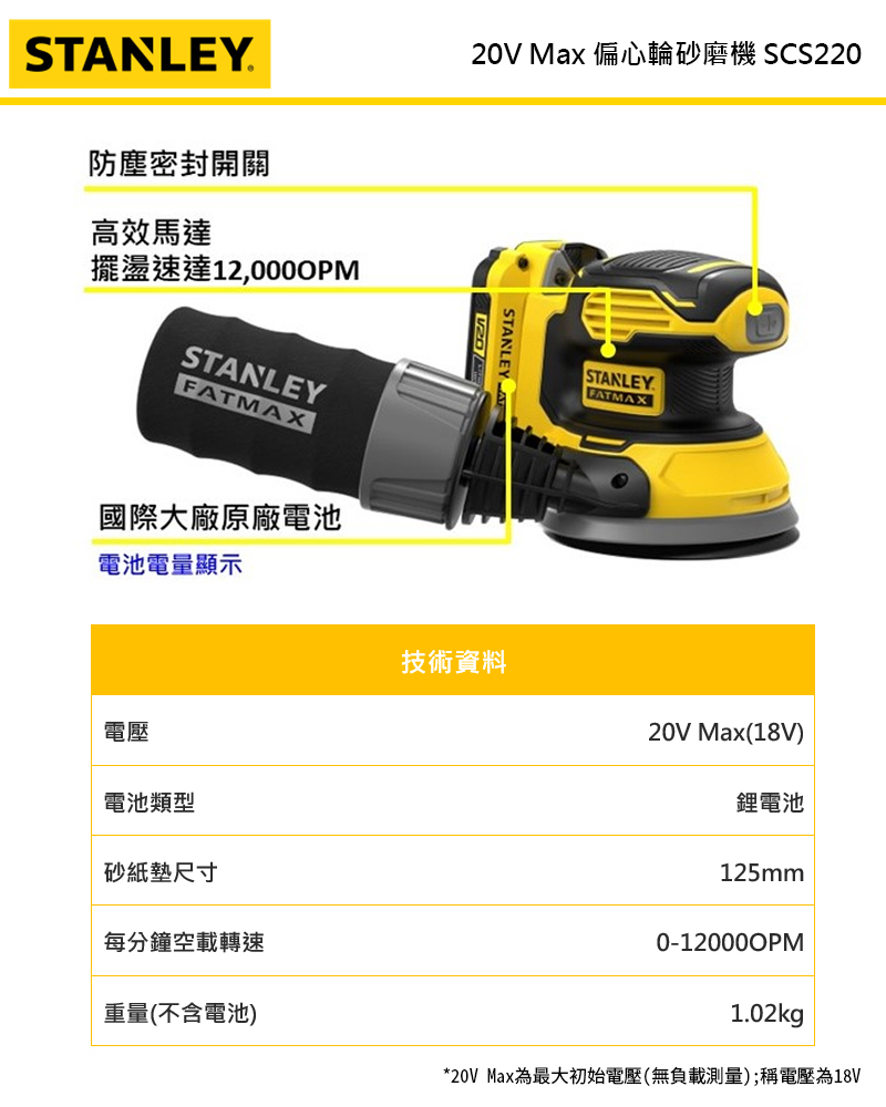 史丹利20V偏心輪砂磨機 SCS220N空機
