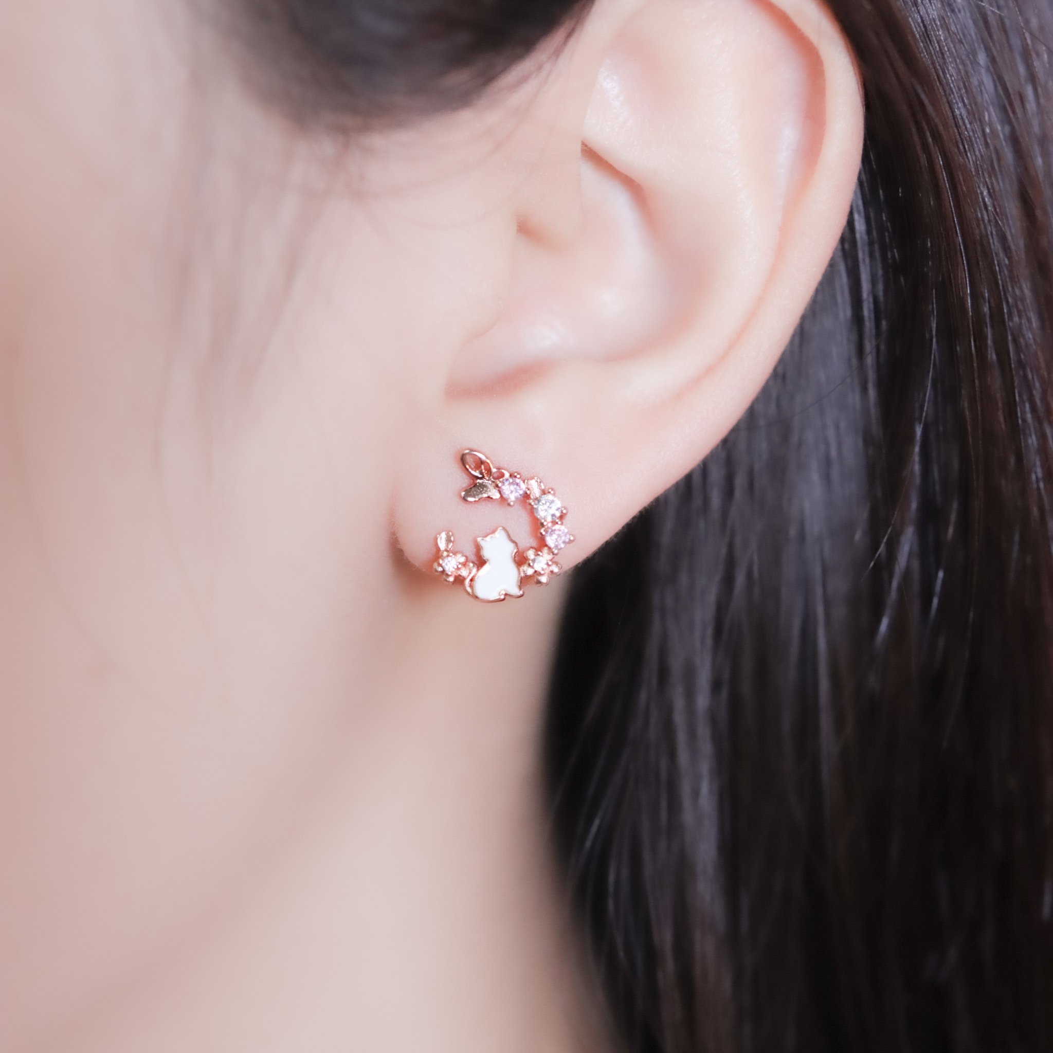 | 925純銀・白金・玫瑰金 | 花漾喵趣耳環 (銀/玫瑰金) | EA1039 |