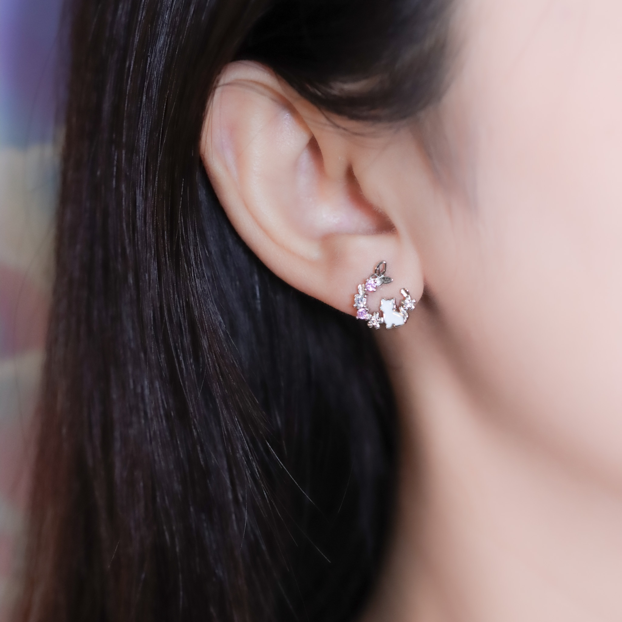 | 925純銀・白金・玫瑰金 | 花漾喵趣耳環 (銀/玫瑰金) | EA1039 |