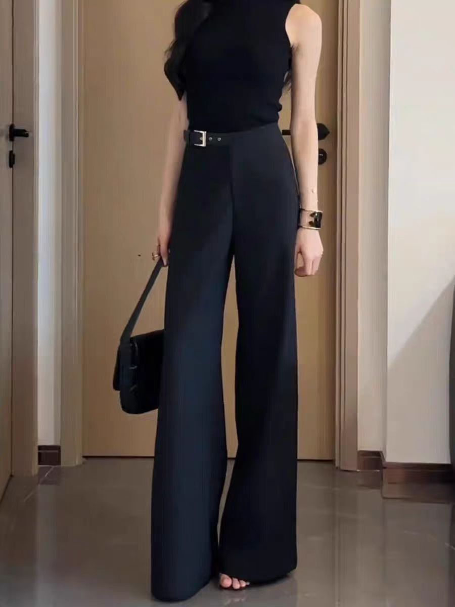 質感細長腿 高腰腰帶設計長褲