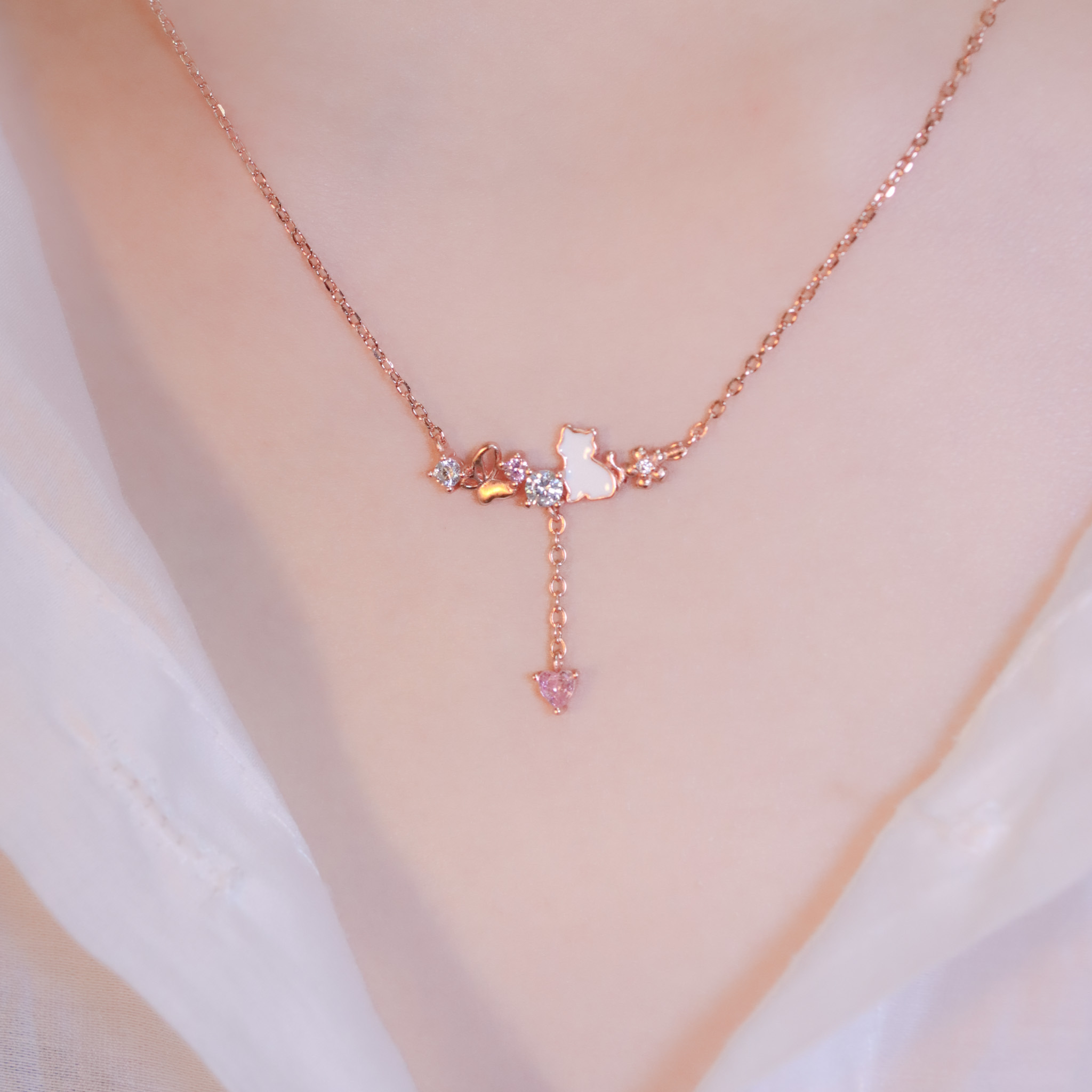 | 925純銀・白金・玫瑰金 | 花漾喵趣項鍊  (銀/玫瑰金) | NE1472 |