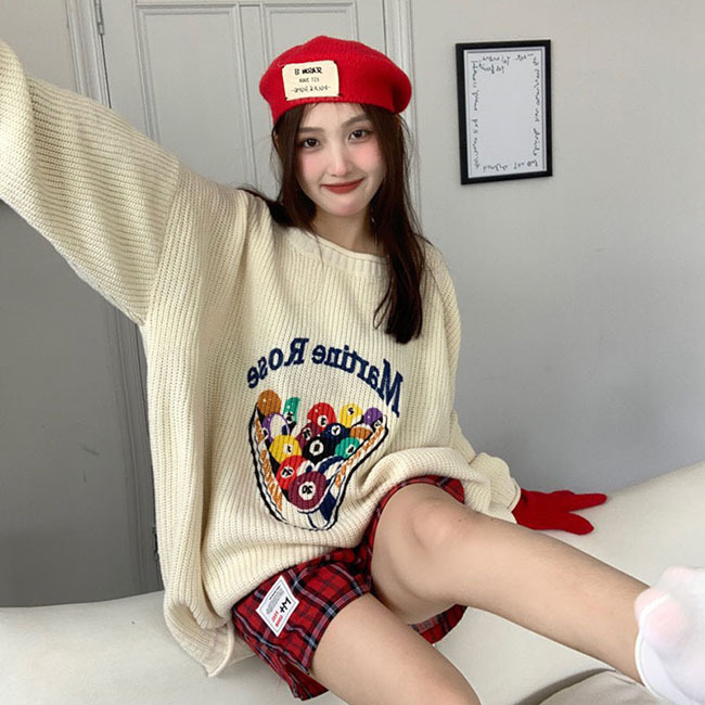 NEW 秋 撞球圖案長袖慵懶針織上衣