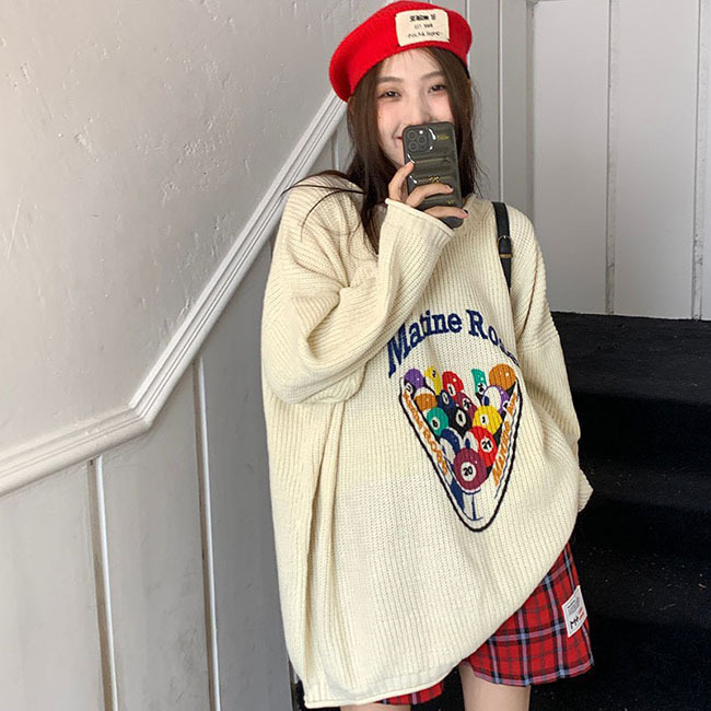 NEW 秋 撞球圖案長袖慵懶針織上衣