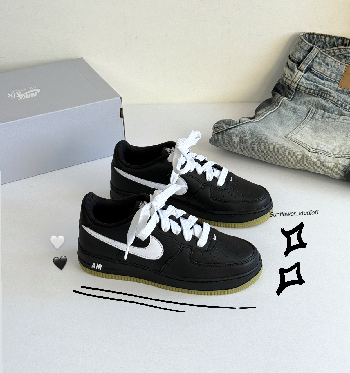 Nike Air Force 1 AF1 黑白色 黑武士 黑白武士 皮革 寬鞋帶 焦糖底 大童款 HQ1911-001/預購