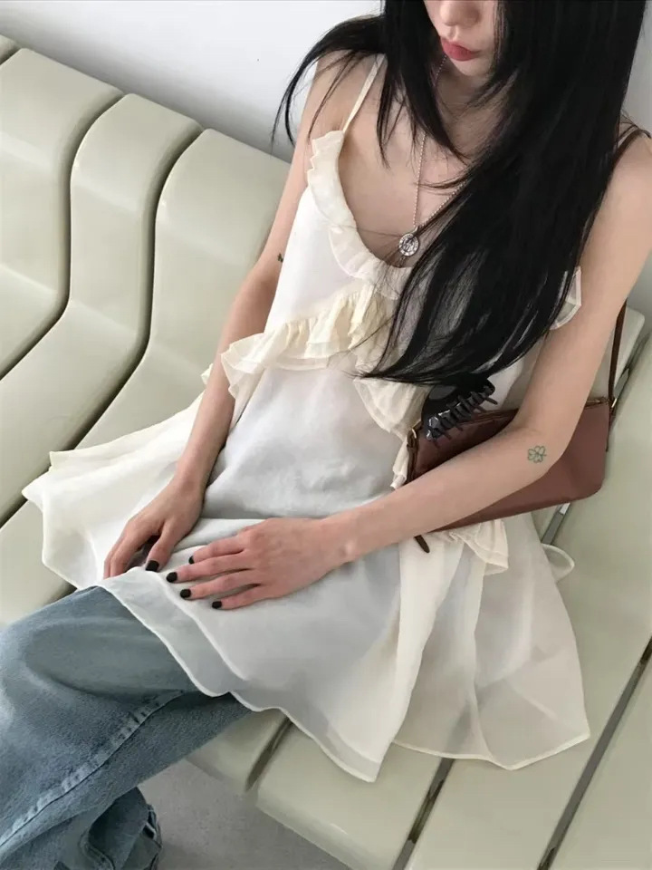 韓國純慾 木耳邊雪紡洋裝(灰/藕/白)