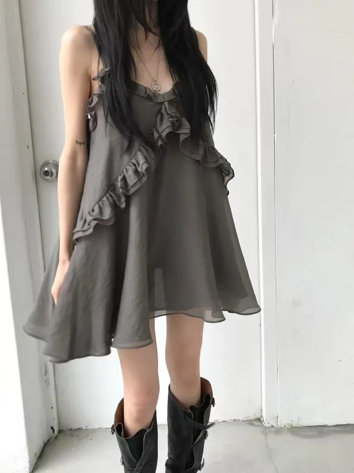 韓國純慾 木耳邊雪紡洋裝(灰/藕/白)