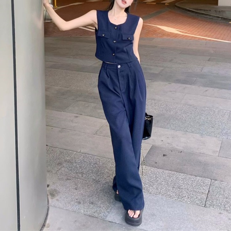 立體格紋布料 排釦無袖長褲套裝(白/黑/藍)