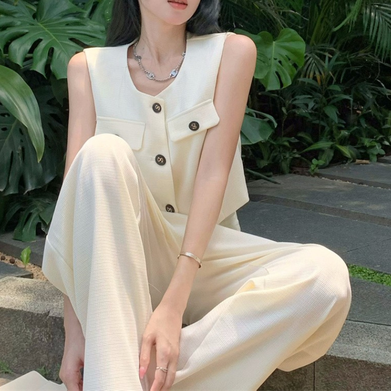 立體格紋布料 排釦無袖長褲套裝(白/黑/藍)