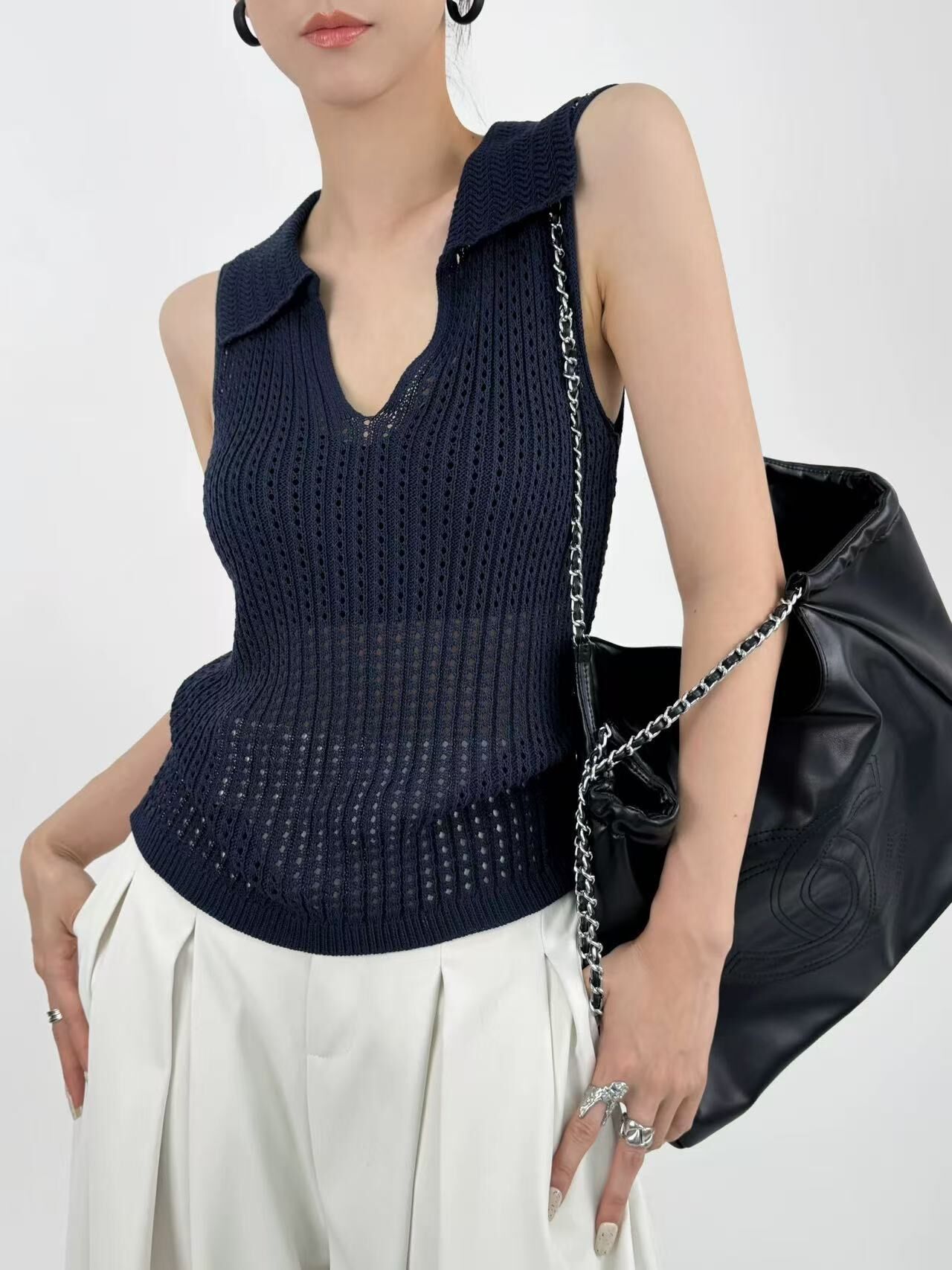 洞洞翻領涼感背心(藍/灰/白)