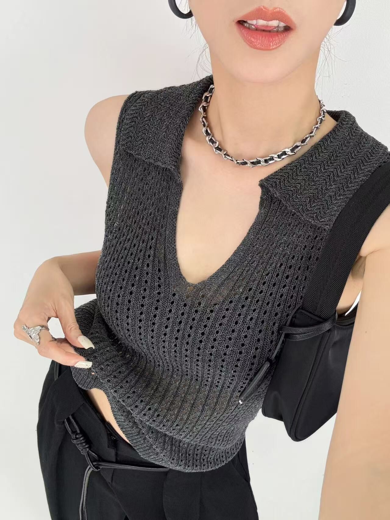 洞洞翻領涼感背心(藍/灰/白)