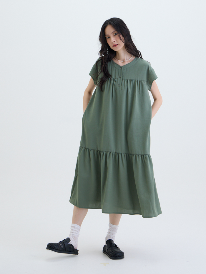 漣光半開襟拼接洋裝-暮綠