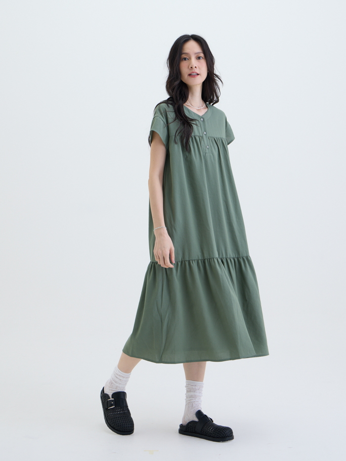 漣光半開襟拼接洋裝-暮綠