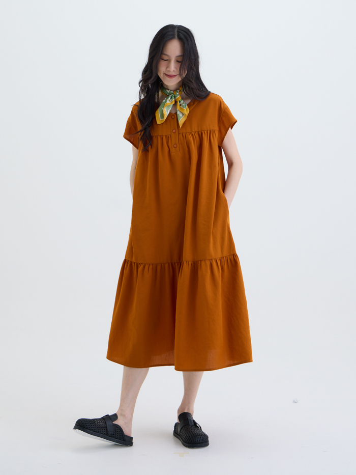 漣光半開襟拼接洋裝-日橙