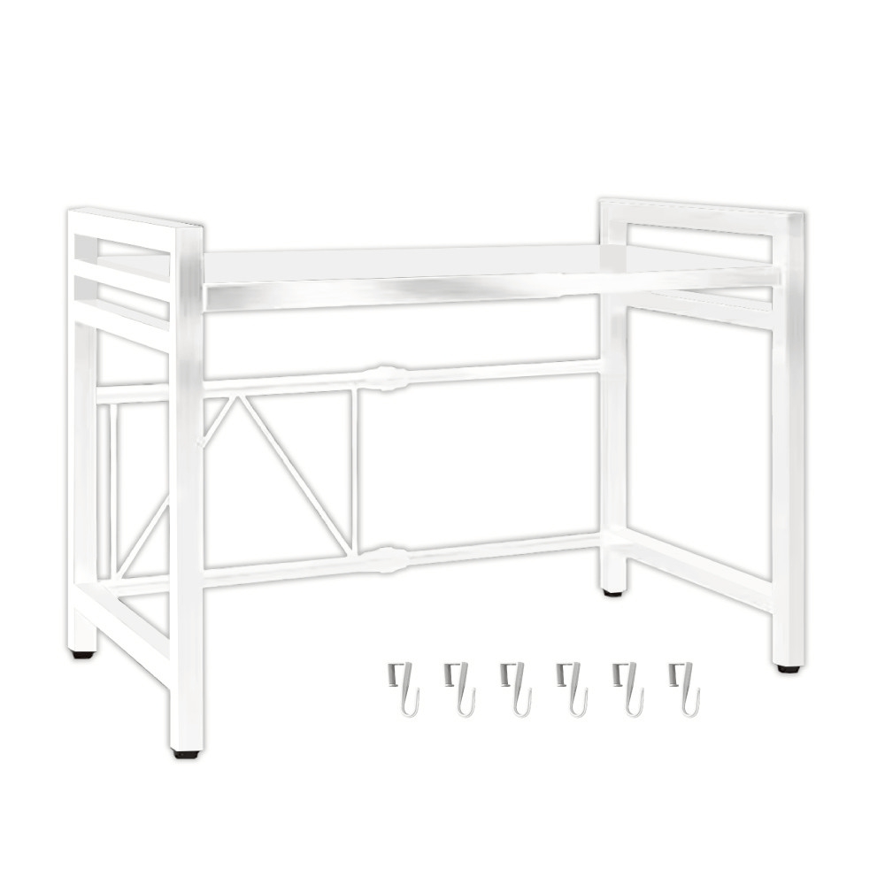 雙層伸縮式置物架 收納層架 廚房伸縮置物架 伸縮微波爐架 廚房收納 氣炸鍋架 (附掛勾6個)