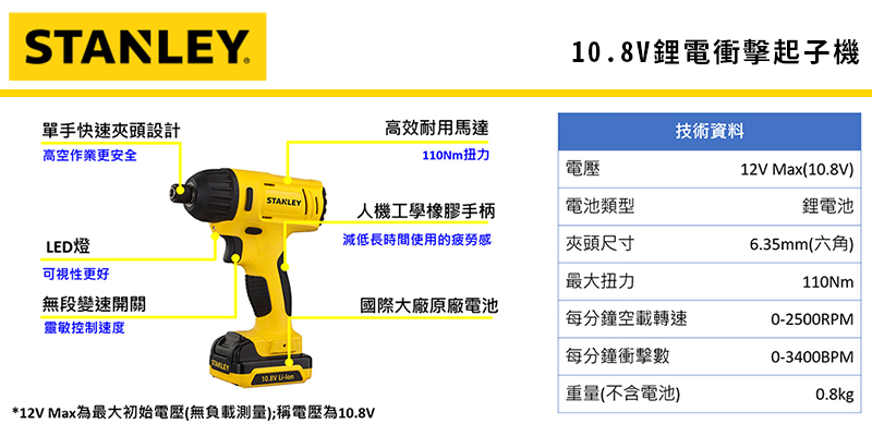 史丹利10.8V衝擊起子機 SCI12N 空機
