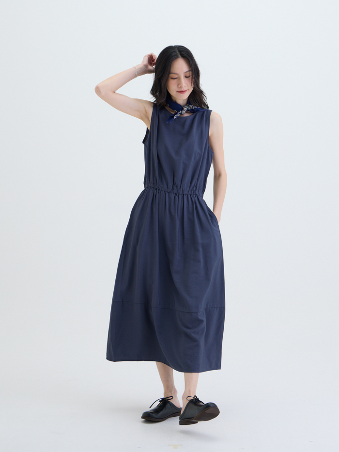 紙感暮色無袖洋裝-藏青