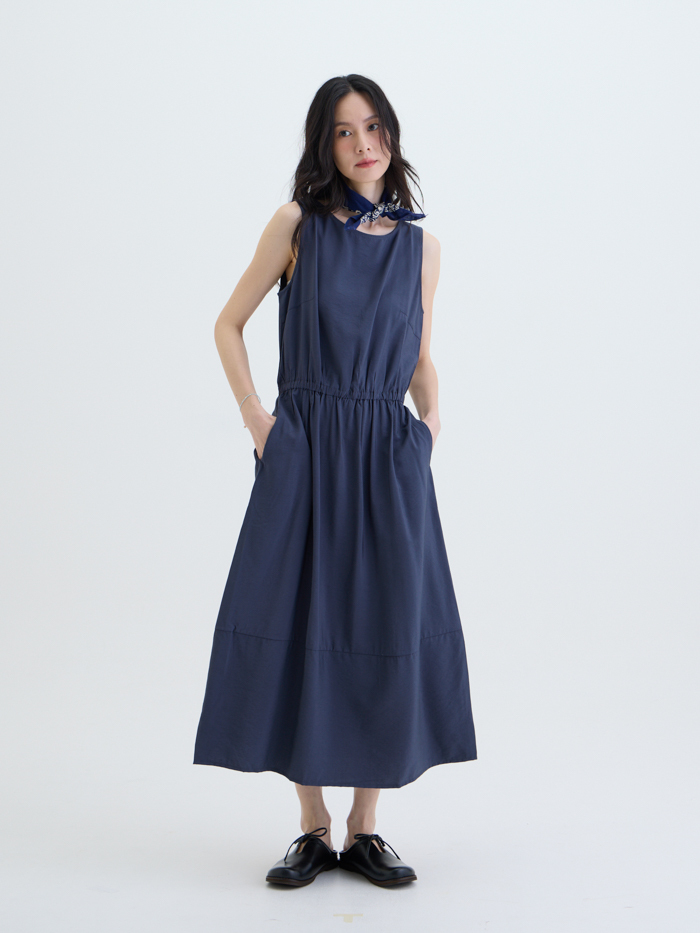 紙感暮色無袖洋裝-藏青
