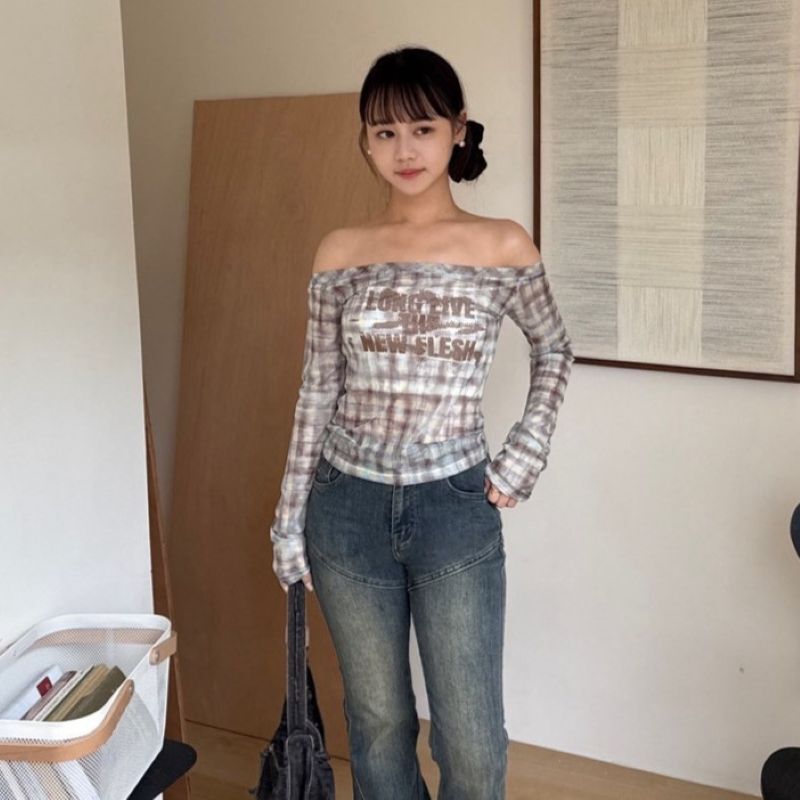 透明邊界 格紋透膚平領上衣