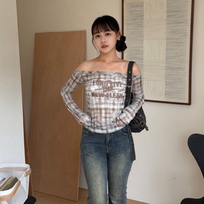 透明邊界 格紋透膚平領上衣