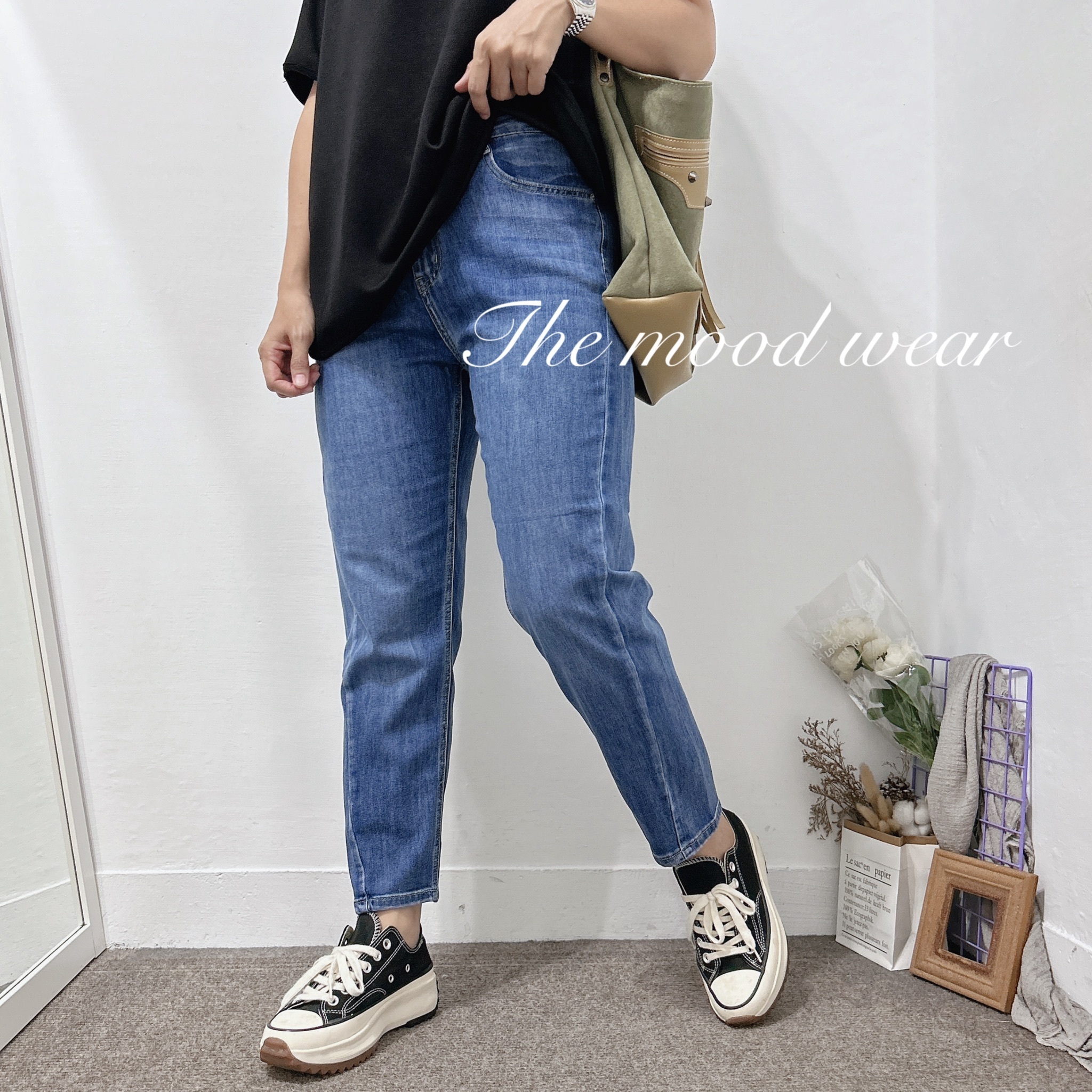 S-2XL特殊車線修飾假誇寬牛仔男友褲