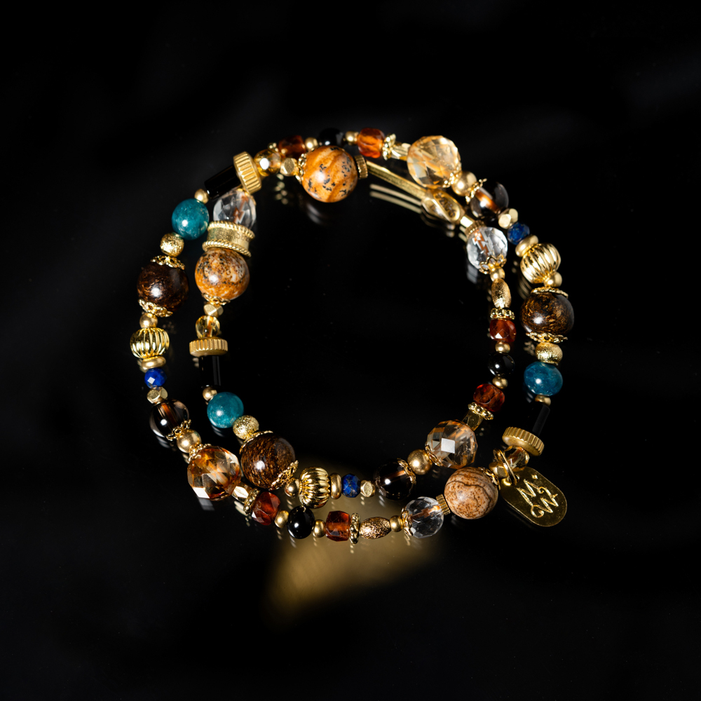 十年寒窗｜木化石金銅石黃水晶雙圈手鍊 C1742